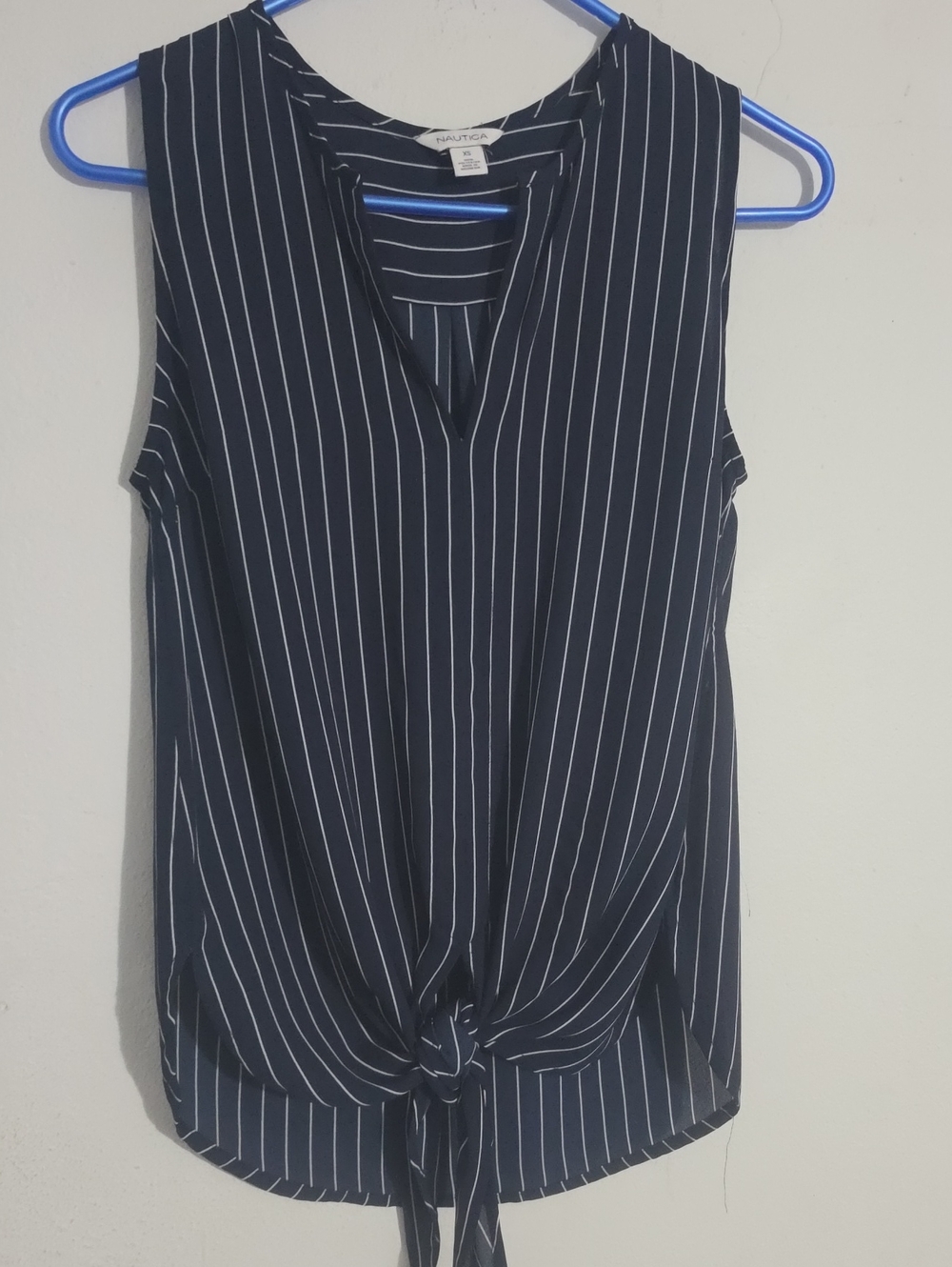 Nautica Navy & White Pinstripe Tie-Front Sleeveless Top